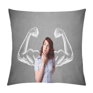 Personality  Young Woman With Strong Muscled Arms Pillow Covers