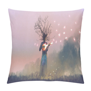 Personality  Creature With Branch Head Playing Magic Banjo String Instrument With Glowing Butterflies, Digital Art Style, Illustration Painting Pillow Covers