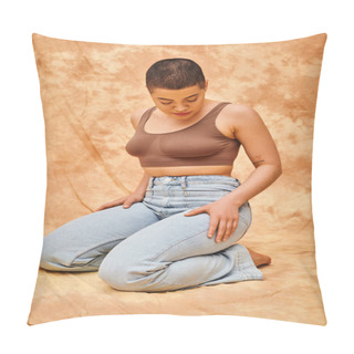 Personality  Body Positivity, Denim Fashion, Curvy And Tattooed Woman In Jeans And Crop Top Sitting On Mottled Beige Background, Personal Style, Self-acceptance, Generation Z, Casual Attire Pillow Covers