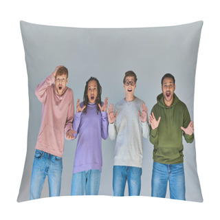 Personality  Four Surprised Multicultural Friends In Urban Outfits Looking At Camera, Cultural Diversity Pillow Covers