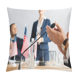 Personality  Politician Applauding Sitting Near Microphone In Boardroom With Blurred Colleagues On Background Pillow Covers