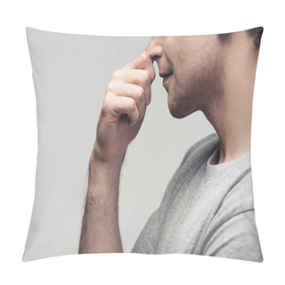 Personality  Partial View Of Pensive Man Touching Nose Isolated On Grey, Human Emotion And Expression Concept Pillow Covers