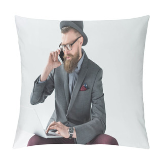 Personality  Stylish Bearded Businessman Talking On Smartphone And Working On Laptop Isolated On Light Background Pillow Covers
