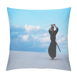 Personality  Man In Traditional Japanese Clothes With Sword Katana Is Training Martial Arts In Desert During Sunset - Samurai On The Cloudy Sky Background. Pillow Covers