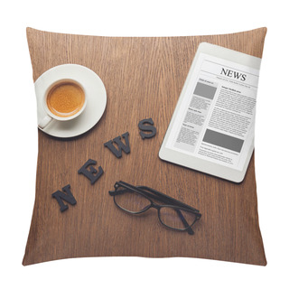 Personality  Top View Of Digital Tablet Near News Lettering, Glasses And Cup Of Coffee Pillow Covers