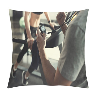 Personality  Woman Workout On Treadmill And Trainer With Timer, Side View  Pillow Covers