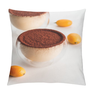 Personality  Glasses With Tiramisu Desserts And Cocoa Powder On Table With Kumquats Pillow Covers