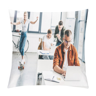Personality  Group Of Young Progressive Entrepreneurs Working On Startup Together At Modern Open Space Office While Woman Riding Skateboard On Background Pillow Covers