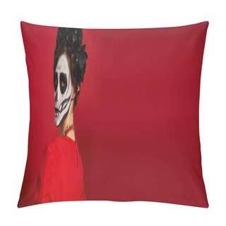 Personality  Woman In Skull Makeup Looking At Camera Near Colorful Flowers On Red, Dia De Los Muertos, Banner Pillow Covers