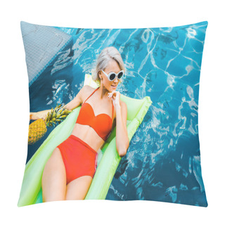 Personality  Attractive Girl In Pin Up Swimsuit Relaxing On Green Inflatable Mattress In Swimming Pool With Pineapple Pillow Covers