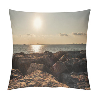 Personality  Scenic View Of Stones On Coast Of Sea During Sunset Pillow Covers