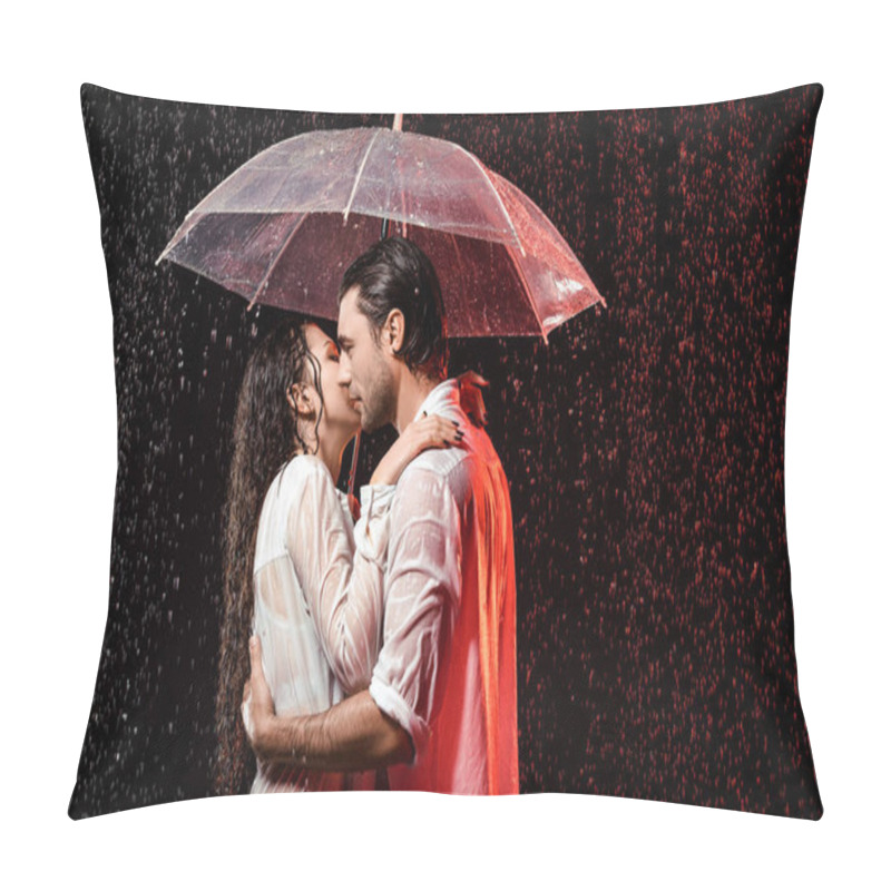 Personality  side view of romantic couple in white shirts with umbrella standing under rain on black backdrop pillow covers