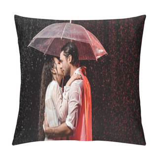 Personality  Side View Of Romantic Couple In White Shirts With Umbrella Standing Under Rain On Black Backdrop Pillow Covers