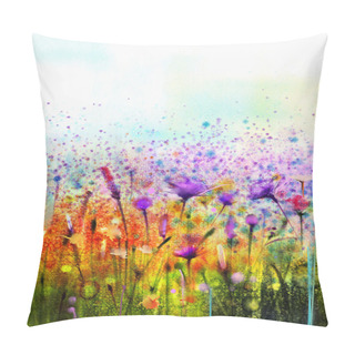Personality  Abstract Watercolor Painting Purple Cosmos Flower,cornflower, Violet Lavender, White And Orange Wildflower. Pillow Covers
