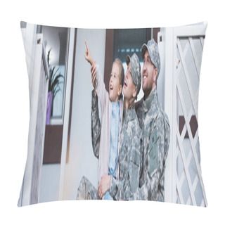 Personality  Happy Military Mother And Father Sitting Near Daughter Pointing With Finger, On Backyard, Banner Pillow Covers