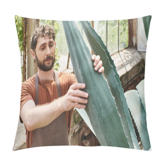 Personality  Handsome And Bearded Gardener In Apron Checking Leaves Of Aloe Vera Plant In Greenhouse, Eco Care Pillow Covers