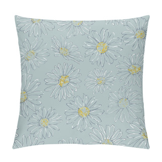 Personality  Daisy Line Drawing Seamless Pattern On Blue  Background. Chamomile Seamless Rapport On Tan Background For Print, Background, And Textile. Artistic Floral Seamless Pattern For Wedding, Party, Event, And Casual Decorating. Pillow Covers