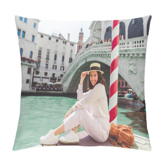 Personality  Woman Sitting Near Rialto Bridge In Venice Italy Looking At Grand Canal With Gondolas Pillow Covers