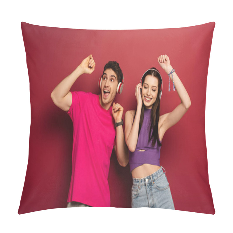 Personality  Beautiful Couple Dancing And Listening Music With Headphones On Red Pillow Covers