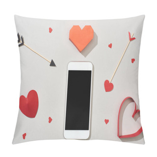 Personality  Top View Of Smartphone With Blank Screen And Heart Shaped Papers With Arrows On Grey Background Pillow Covers