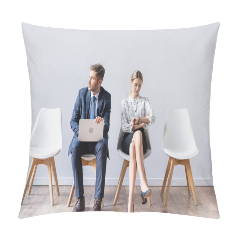 Personality  Business people with laptop and wristwatch waiting job interview in office  pillow covers