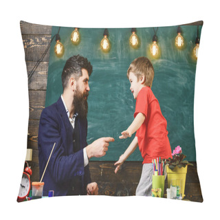 Personality  Teacher With Beard, Father And Little Son Having Fun In Classroom, Chalkboard On Background. Child Cheerful And Teacher Painting, Drawing. Talented Artist Spend Time With Son. Fatherhood Concept Pillow Covers
