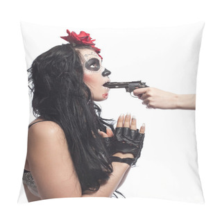 Personality  Woman In Day Of The Dead Mask With Gun In Mouth Pillow Covers