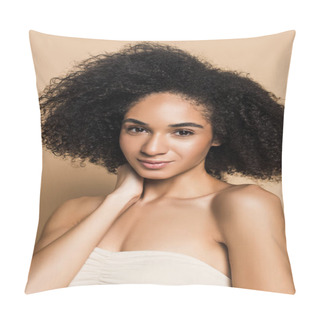 Personality  African American Woman With Bare Shoulders Looking At Camera On Beige  Pillow Covers