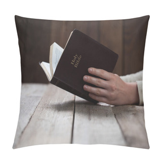 Personality  Woman Hands Praying With A Bible In A Dark Over Wooden Table Pillow Covers
