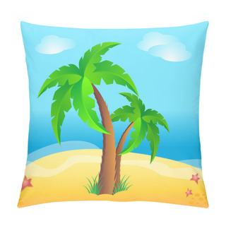 Personality  Two Palm Tree And Sandy Beach On Blue Sea. Paradise Vacation On Tropical Island. Vector Cartoon Illustration Pillow Covers