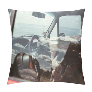 Personality  Reflection Of Cloudy Sky In Car Window, And Sea Behind Pillow Covers