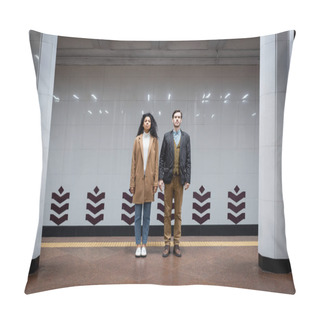 Personality  Full Length Of African American Woman And Man Standing In Subway  Pillow Covers