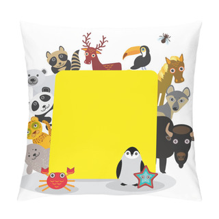 Personality  Cute Cartoon Animals Set Toucan Deer Raccoon Horse Wolf Bison Penguin Starfish Crab Seal Leopard Panda Polar Bear, Frame On White Background, Card Design, Banner For Text. Vector Pillow Covers