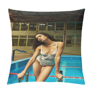 Personality  Relaxed Young African American Woman With Wet Curly Hair Standing Near Pool Ladder, Serenity Pillow Covers