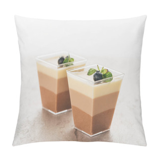 Personality  Close-up View Of Delicious Triple Chocolate Mousse Desserts In Glasses Pillow Covers