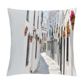 Personality  Panoramic Image White Copy Space View, Empty Street Famous Village Of Mijas In Spain. Charming Narrow Streets With New Year Decorations, Hanging Flower Pots On Walls, No People. Costa Del Sol, Malaga Pillow Covers