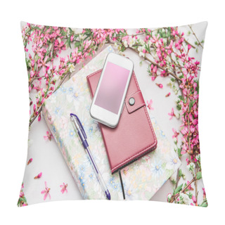 Personality  Office Accessories With A Beautiful Blossom Flower Branches On A White Background. Phone, Notebook And A Pen With A Book. Pillow Covers