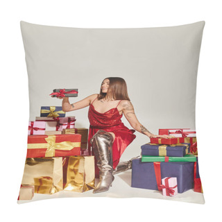 Personality  Cheerful Young Lady In Red Dress Standing On One Knee Looking At Present, Holiday Gifts Concept Pillow Covers