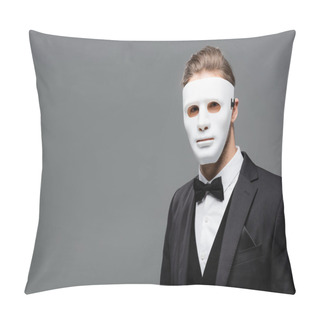 Personality  Young Businessman In Face Mask Looking At Camera Isolated On Grey Pillow Covers