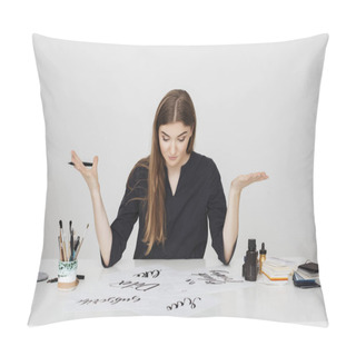 Personality  Portrait Of Young Pretty Lady Sitting At The White Desk With Pen In Hand And Thoughtfully Looking At Papers Isolated Pillow Covers