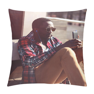 Personality  Lifestyle Fashion Portrait Of Stylish Young African Man Listens  Pillow Covers