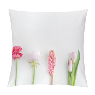 Personality  Top View Of Cut Flowers In A Row On White Surface Pillow Covers
