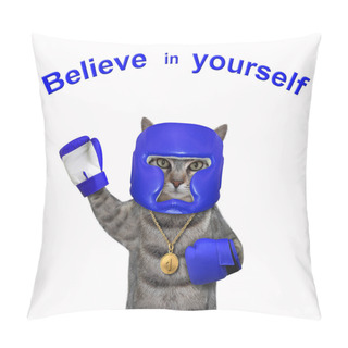 Personality  A Gray Cat Athlete With A Golden First Place Medal Dressed A Blue Boxing Uniform. Believe Yourself. White Background. Isolated. Pillow Covers