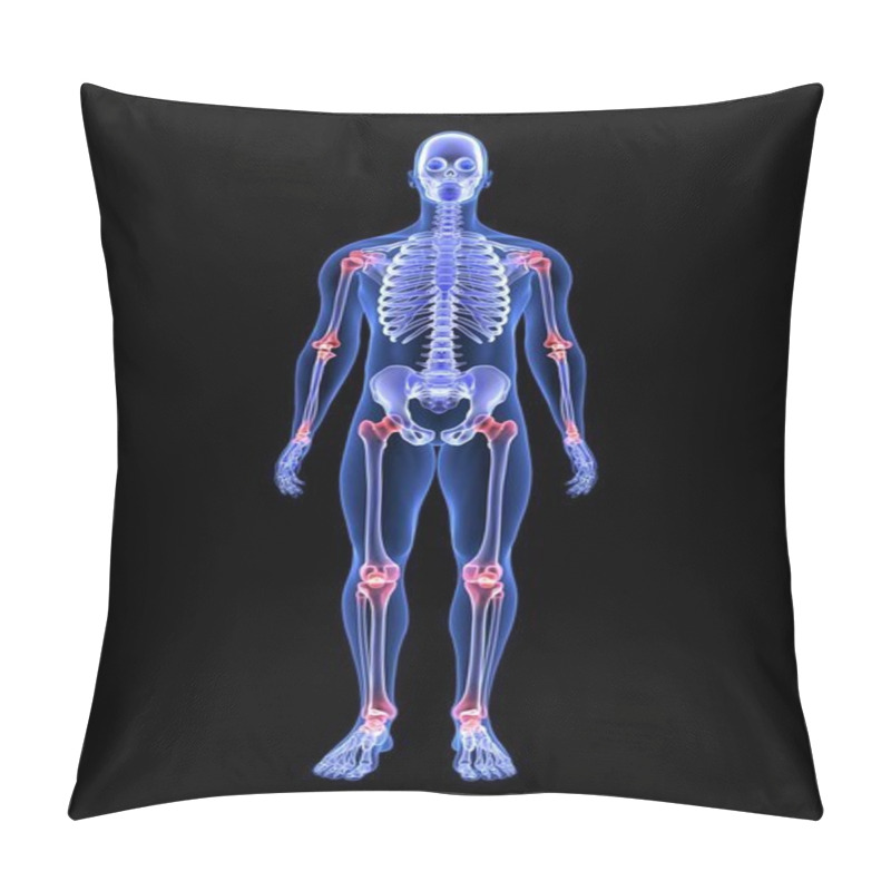 Personality  Joint pain. Blue Human Anatomy Body and Skeleton 3D Scan render on black background pillow covers