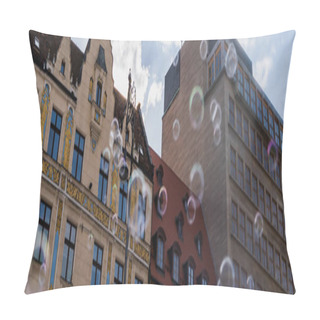 Personality  Low Angle View Of Blurred Soap Bubbles Near Buildings On Urban Street In Wroclaw, Banner  Pillow Covers