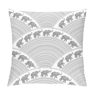 Personality  Abstract Seamless Geometrical Wavy Pattern With Indian Elephants. Grey Fan Shaped Ornate Feathers, Leaves, Banners With Ethnic Ornaments. Fish Scale Order. Batik Paint. Oriental Print Pillow Covers