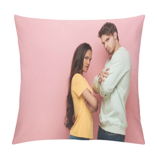 Personality  Offended Interracial Couple Standing With Crossed Arms While Looking At Camera On Pink Background Pillow Covers