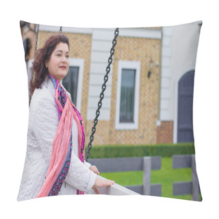 Personality Mature Simple Woman Of Plus Size, American Or European Appearance Walks In The City Enjoying Life. Cute Lady With Excess Weight, Dressed In Jacket And Scarf Going Around Old Part Of Town Pillow Covers
