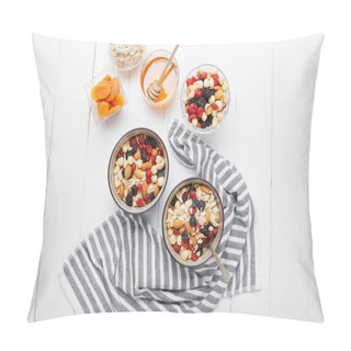 Personality  Top View Of Bowls With Muesli, Dried Berries And Nuts Served For Breakfast With Dried Apricots And Honey Near Striped Cloth On White Wooden Table Pillow Covers