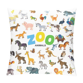 Personality  Zoo Animals In Front View And Side View Large Vector Cartoon Set In Flat Style Isolated On White Background. Vector Illustration Of Animals For Children. Great For Children's Designs, Printed Products And Souvenirs. Pillow Covers